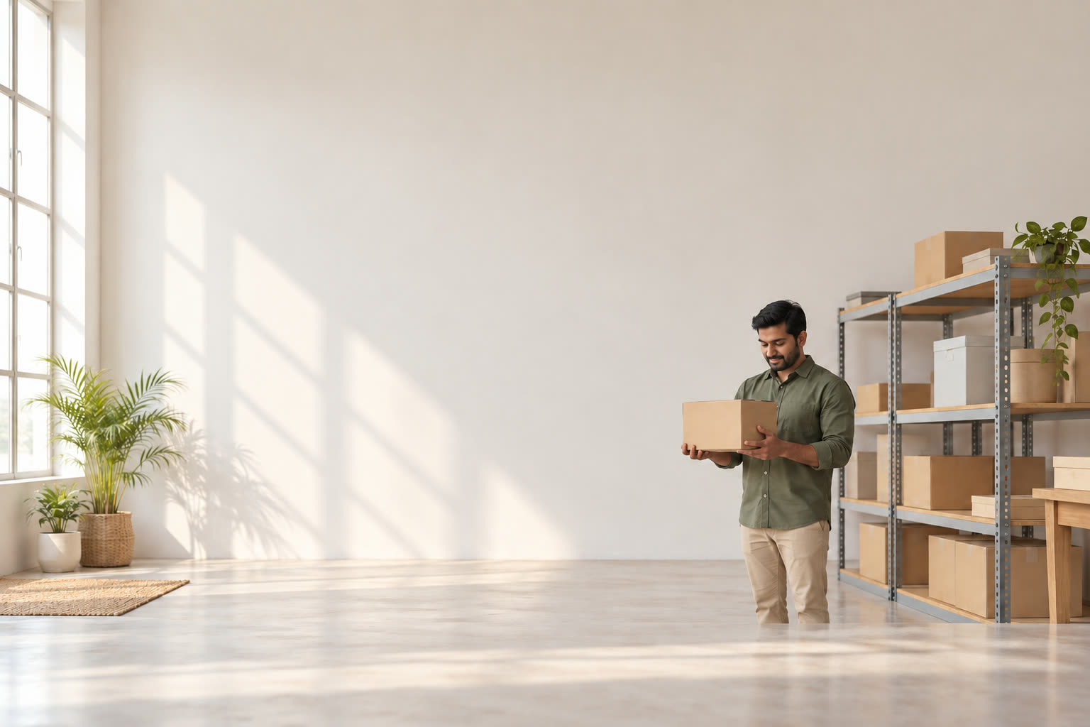 A seller carrying a packed parcel past his shelves
