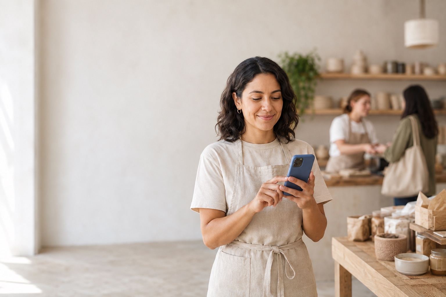 A shop owner switches on what her agent may handle, thumb on her phone, while a teammate serves a customer behind her.