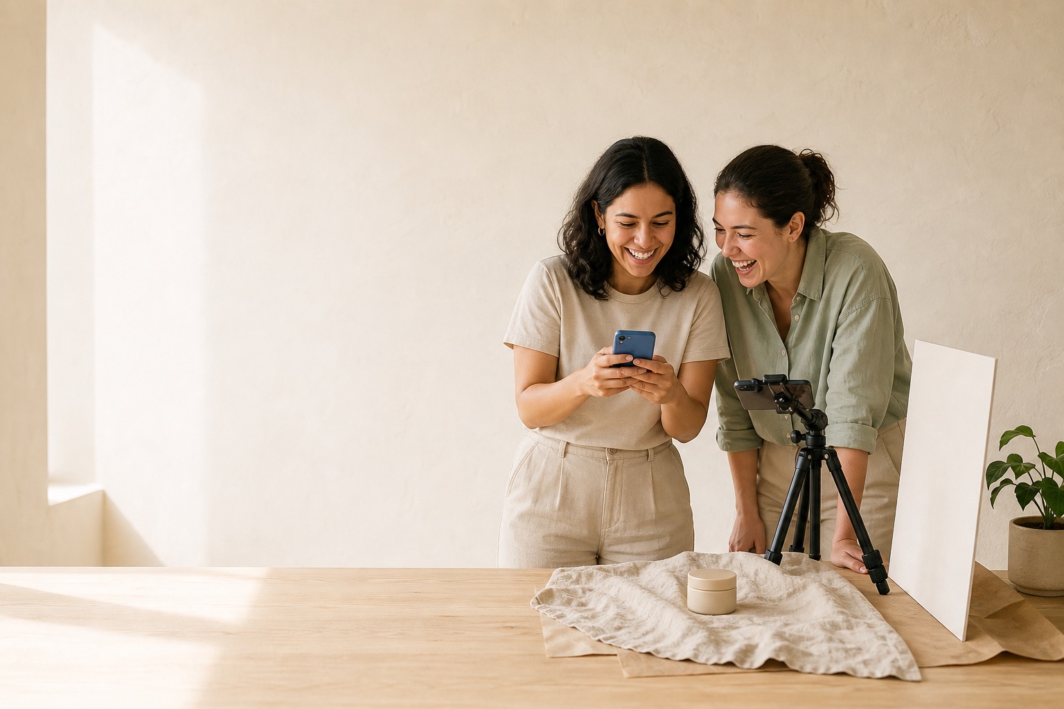 Two women at a work table laugh over a phone as the first comments arrive on the post they have just shot.
