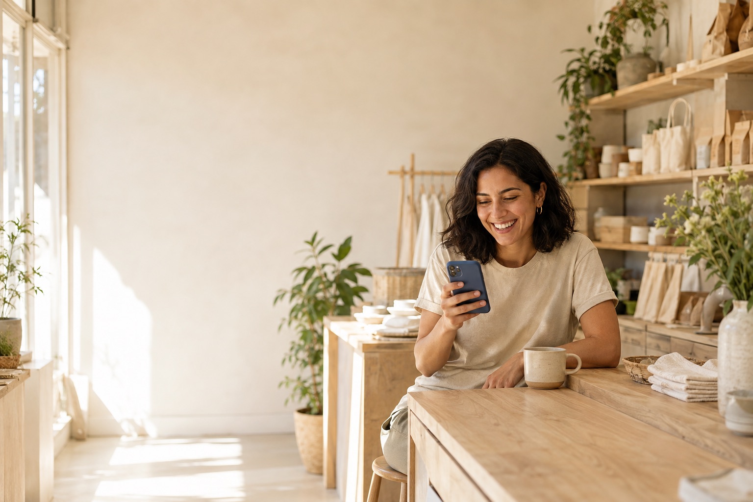 A shop owner leans on her counter in a sunlit shop, smiling at last week read back on her phone.