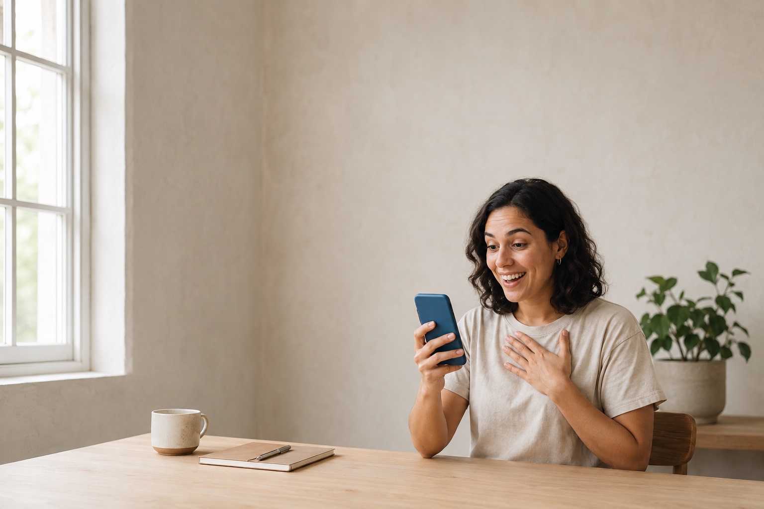 A shop owner at her desk reads her phone with a delighted smile — a payment just came through.