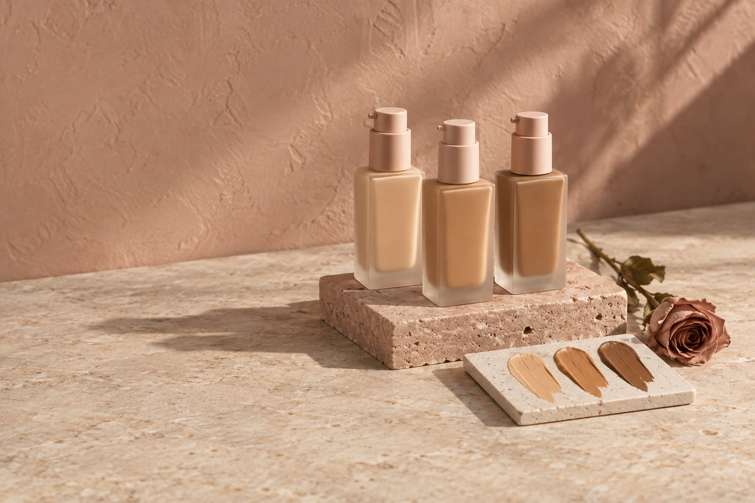 Three shades of Silk Serum Foundation on a blush stone plinth